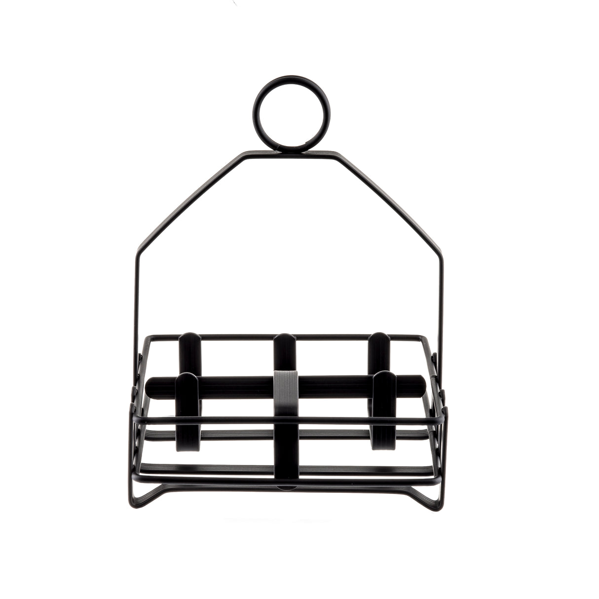 A black powder coated metal wire egg holder with a rectangular base, divided into six circular sections for holding eggs. Features a looped handle for easy carrying. The minimal design suits any kitchen or can double as a condiment rack. Background is white.