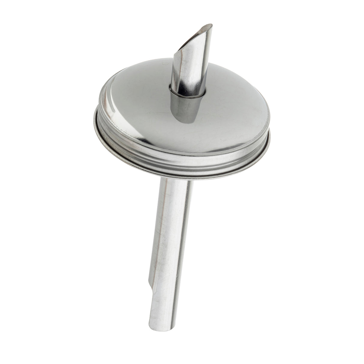 A stainless steel cocktail shaker strainer and replacement pour spout with a round lid, vertical spout on top, and a tube extending downward, photographed on a white background.