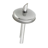 A stainless steel cocktail shaker strainer and replacement pour spout with a round lid, vertical spout on top, and a tube extending downward, photographed on a white background.