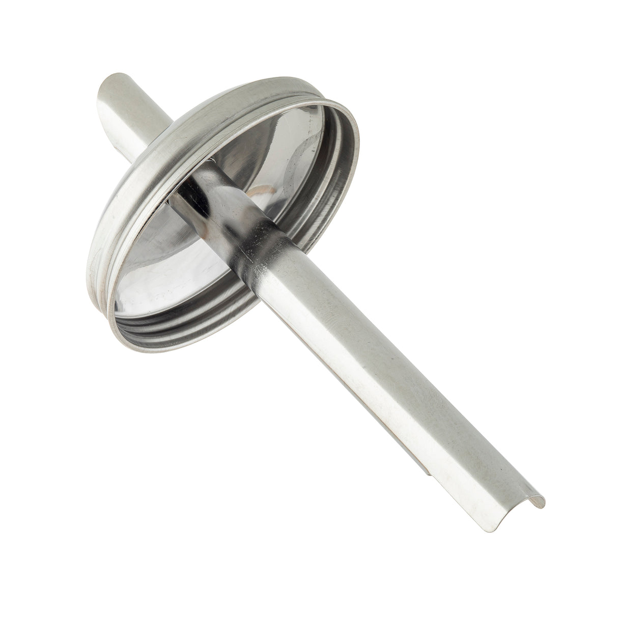 A shiny, stainless steel replacement pour spout with a wide circular rim and narrow cylindrical tube. The rim has a slightly raised edge, and the tube features a small notch at the end. Photographed on a white background.