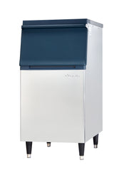 A commercial stainless steel Ice Storage Bin with a dark blue, slanted, flip-open lid. Standing on four black legs and labeled “Follett,” it boasts a sleek, modern design and offers up to 320 lbs storage for professional kitchens or bars.