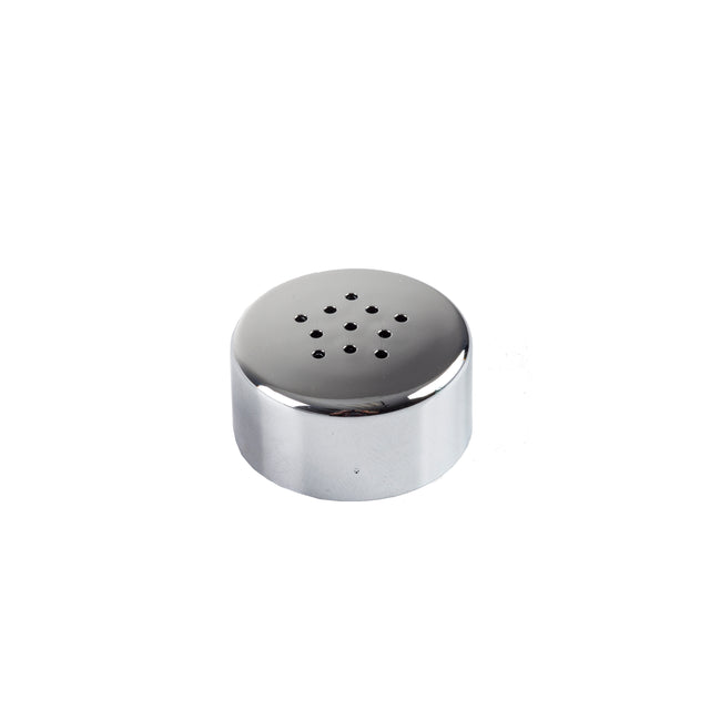 A small, round, chrome plated metal object with a flat bottom and slightly domed top, featuring multiple small holes arranged in a circular pattern—this Universal Top TableCraft 615 is set against a plain white background.