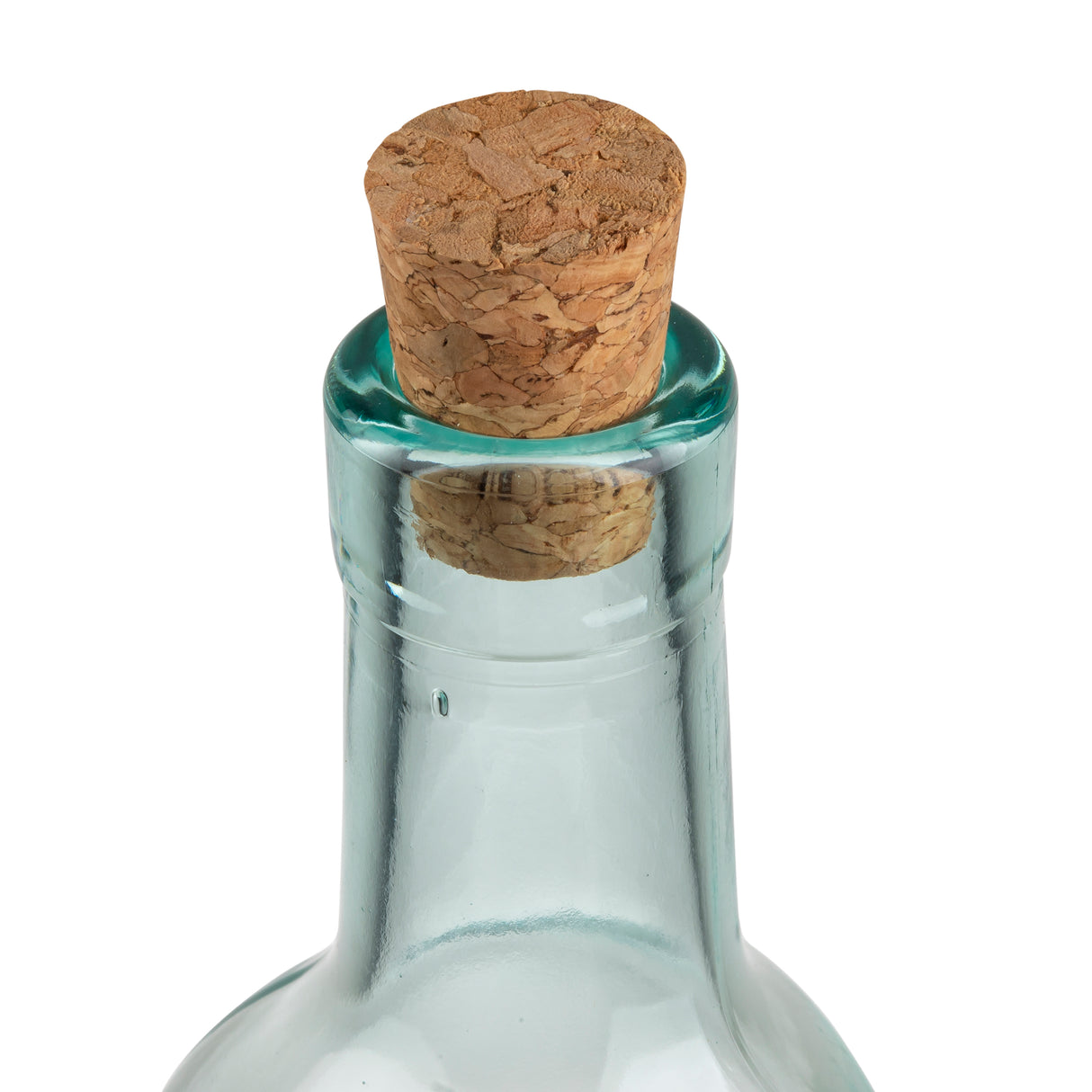 A close-up of the neck of a TableCraft Olive Oil Bottle sealed with a light brown, textured cork stopper. The green tinted glass has a smooth finish, and the background is plain white.