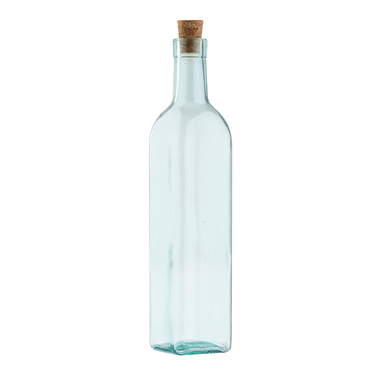 A tall, clear TableCraft olive oil bottle with a square base and narrow neck, sealed with a tapered cork stopper. The green tinted glass bottle stands empty and upright against a plain white background.