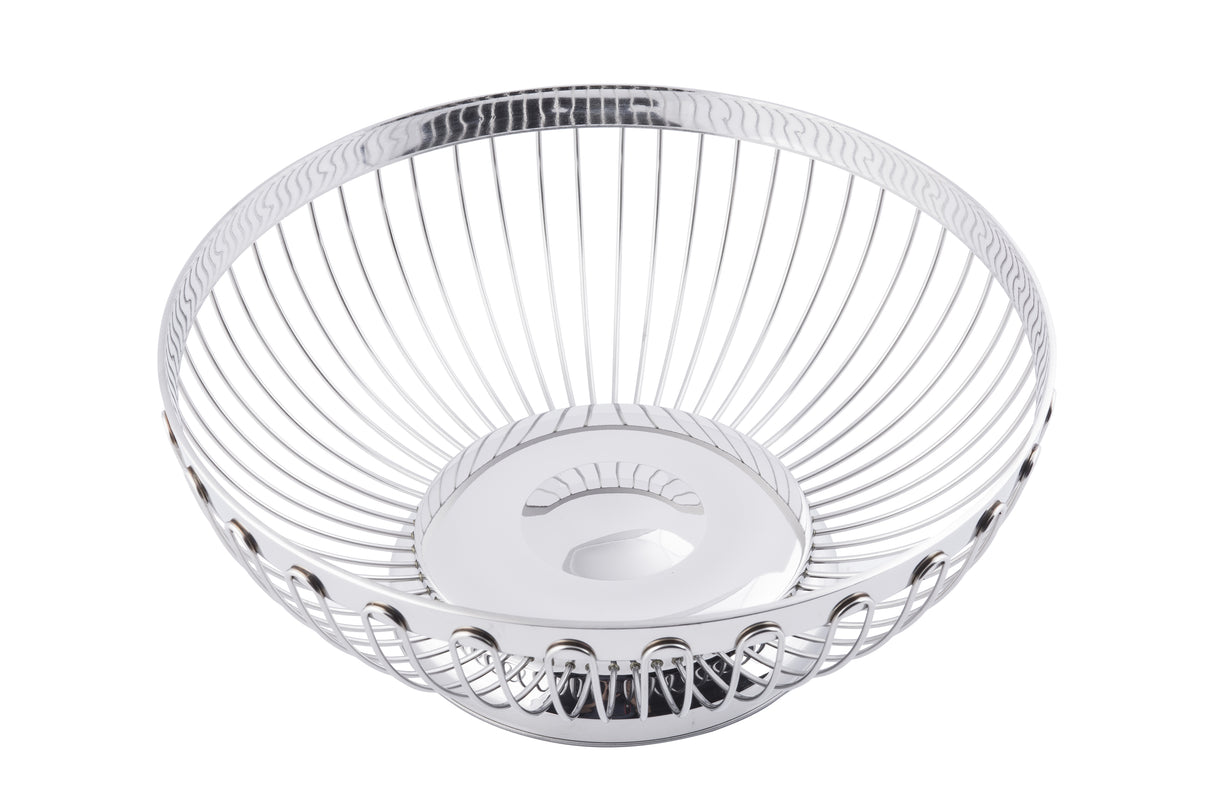 A round, silver stainless steel basket with an open design and solid circular base is shown against a white background. The basket’s vertical wires curve outward and upward to form the wide, shallow Regent Basket bowl shape.