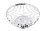A round, silver stainless steel basket with an open design and solid circular base is shown against a white background. The basket’s vertical wires curve outward and upward to form the wide, shallow Regent Basket bowl shape.