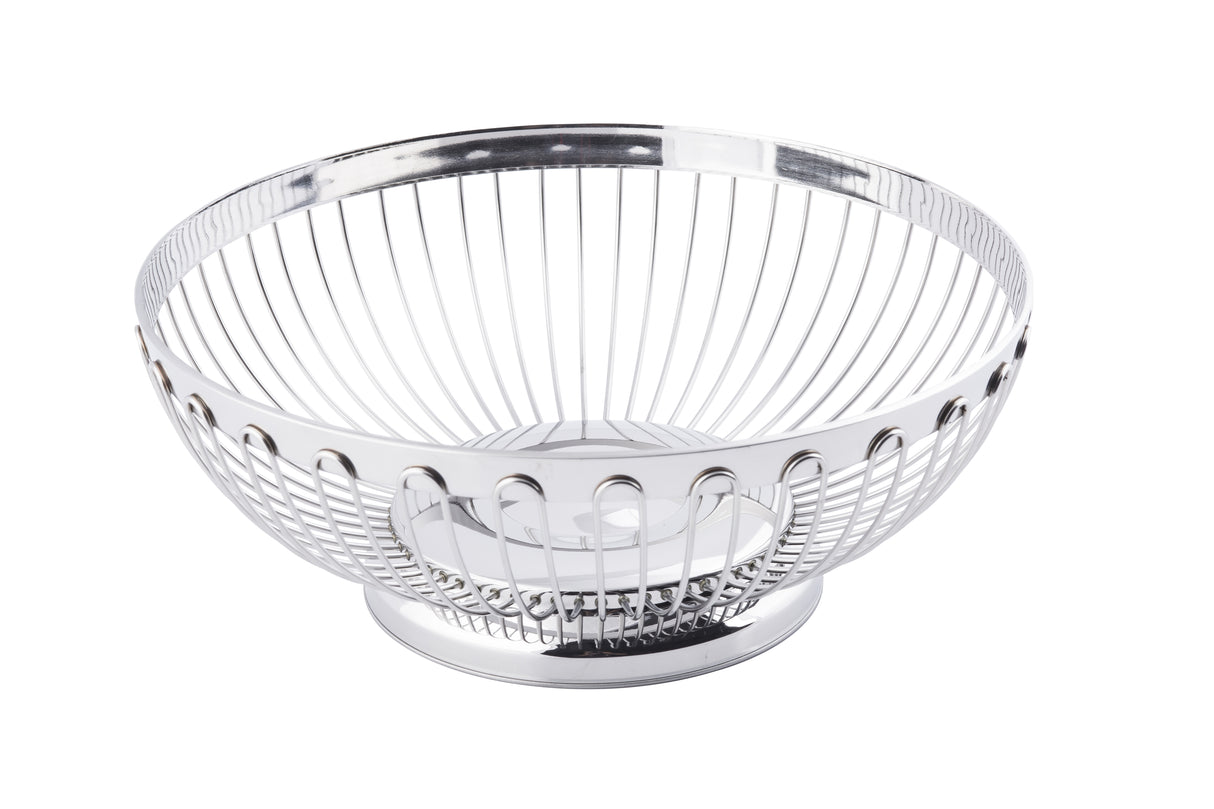A shiny, empty Regent Basket fruit bowl with a circular base. This stainless steel basket features an open, airy design with vertical metal rods curving outward, creating a modern, minimalist look against a white background.