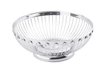 A shiny, empty Regent Basket fruit bowl with a circular base. This stainless steel basket features an open, airy design with vertical metal rods curving outward, creating a modern, minimalist look against a white background.