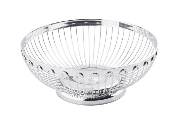 A shiny, empty Regent Basket fruit bowl with a circular base. This stainless steel basket features an open, airy design with vertical metal rods curving outward, creating a modern, minimalist look against a white background.