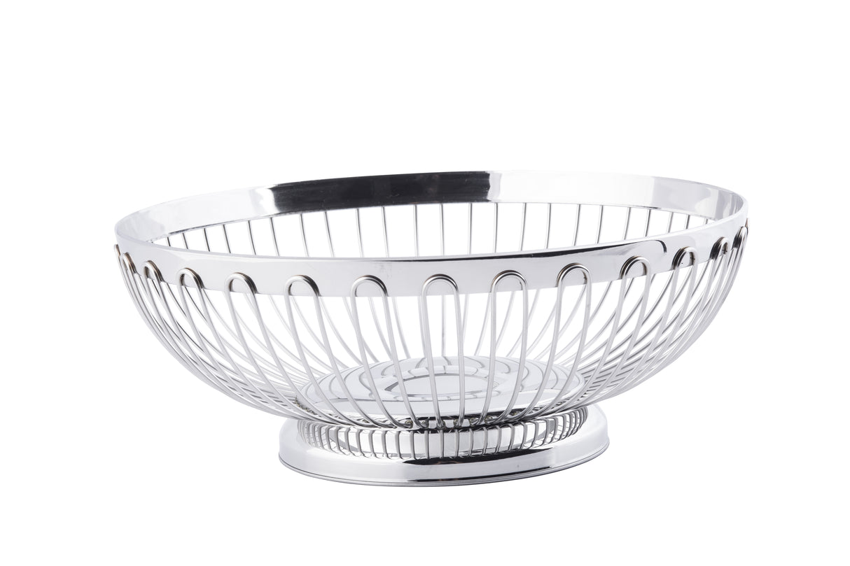 A shiny, round stainless steel basket with an open design and solid circular base. The Regent Basket features evenly spaced vertical wires and a smooth, reflective rim for a modern, minimalist look. The background is plain white.