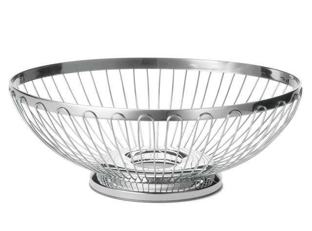 A round, shallow TableCraft Regent Basket made of shiny stainless steel, featuring vertical bars and an open design with a circular base. The plain white background highlights the basket's reflective metallic surface and modern, minimalist style.