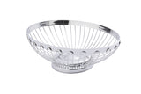 A round, silver TableCraft Regent Basket features an open design with evenly spaced vertical wires, a smooth circular rim, and a solid coiled base. This stainless steel basket sits empty on a white background.