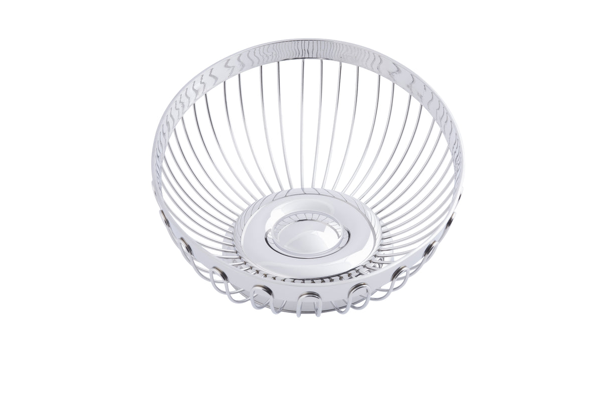 A round, empty Regent Basket made of shiny stainless steel with an open design. The wire rods curve outward from a solid circular base, forming a bowl shape. This TableCraft basket sits on a white background.