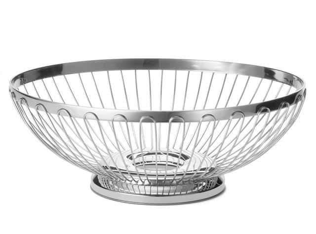 A round, silver stainless steel basket with an open design, wide rim, and sturdy circular base. The evenly spaced vertical wires curve outward for an airy, modern look. This TableCraft 6174 Regent Basket is set against a plain white background.