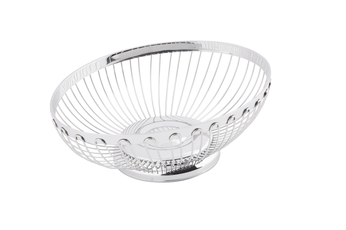 A silver metal Regent Basket with an open, round design and a solid circular base, set against a plain white background. The basket features evenly spaced vertical wires and a shiny, reflective surface.