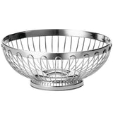 A round Regent Basket by TableCraft Products, this stainless steel basket features an open design with vertical bars and a solid circular base. The basket is empty and displayed against a plain white background.