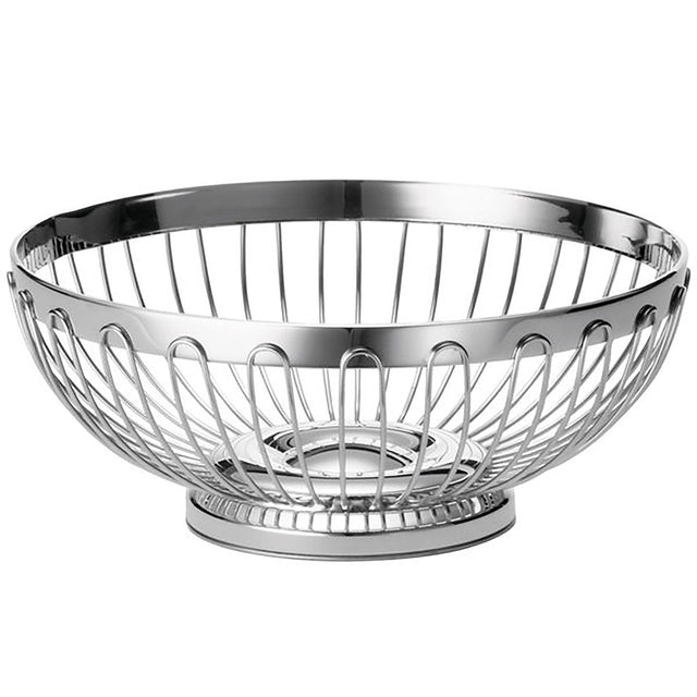 A round Regent Basket by TableCraft Products, this stainless steel basket features an open design with vertical bars and a solid circular base. The basket is empty and displayed against a plain white background.