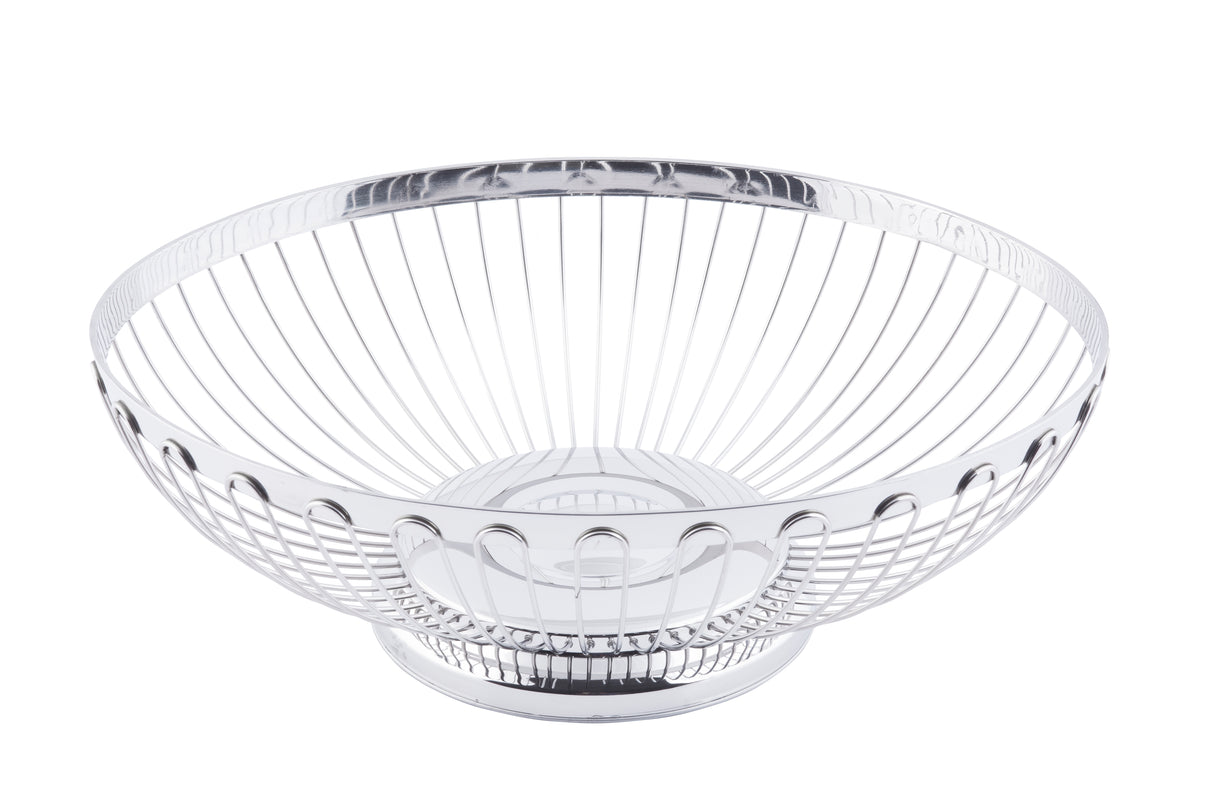 A round, empty Regent Basket with an open design. The smooth circular base and flared sides are made of evenly spaced vertical wires, featuring a shiny, polished silver finish. This TableCraft stainless steel basket sits on a flat, white background.
