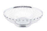 A round, empty Regent Basket with an open design. The smooth circular base and flared sides are made of evenly spaced vertical wires, featuring a shiny, polished silver finish. This TableCraft stainless steel basket sits on a flat, white background.