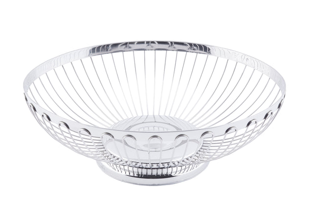 A round, empty Regent Basket with an open design. The smooth circular base and flared sides are made of evenly spaced vertical wires, featuring a shiny, polished silver finish. This TableCraft stainless steel basket sits on a flat, white background.