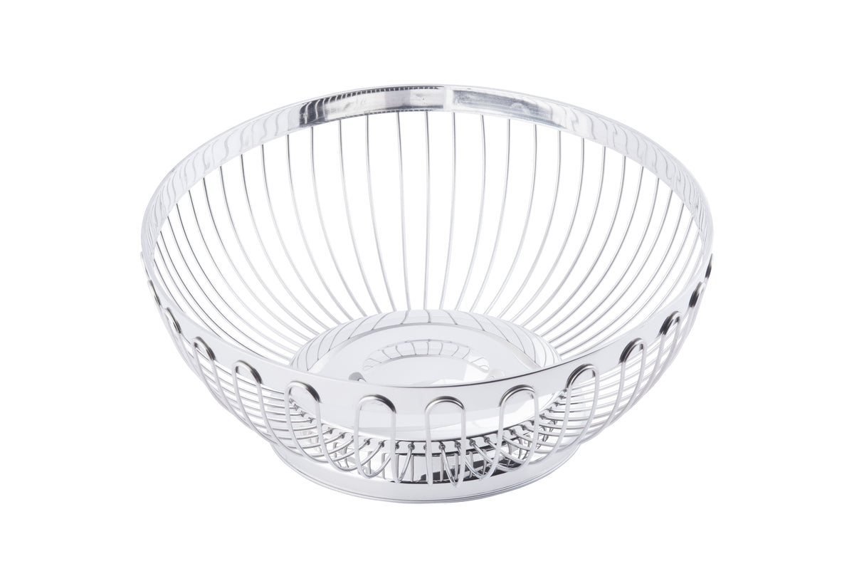 A shiny, round stainless steel basket with vertical slats and an open, airy design. The empty Regent Basket features a circular base and flared sides, set against a plain white background.