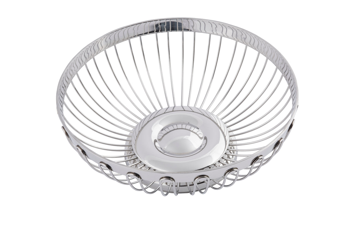 A round, silver stainless steel basket with a decorative open design, featuring radiating spokes and a solid circular base in the center, photographed on a white background.