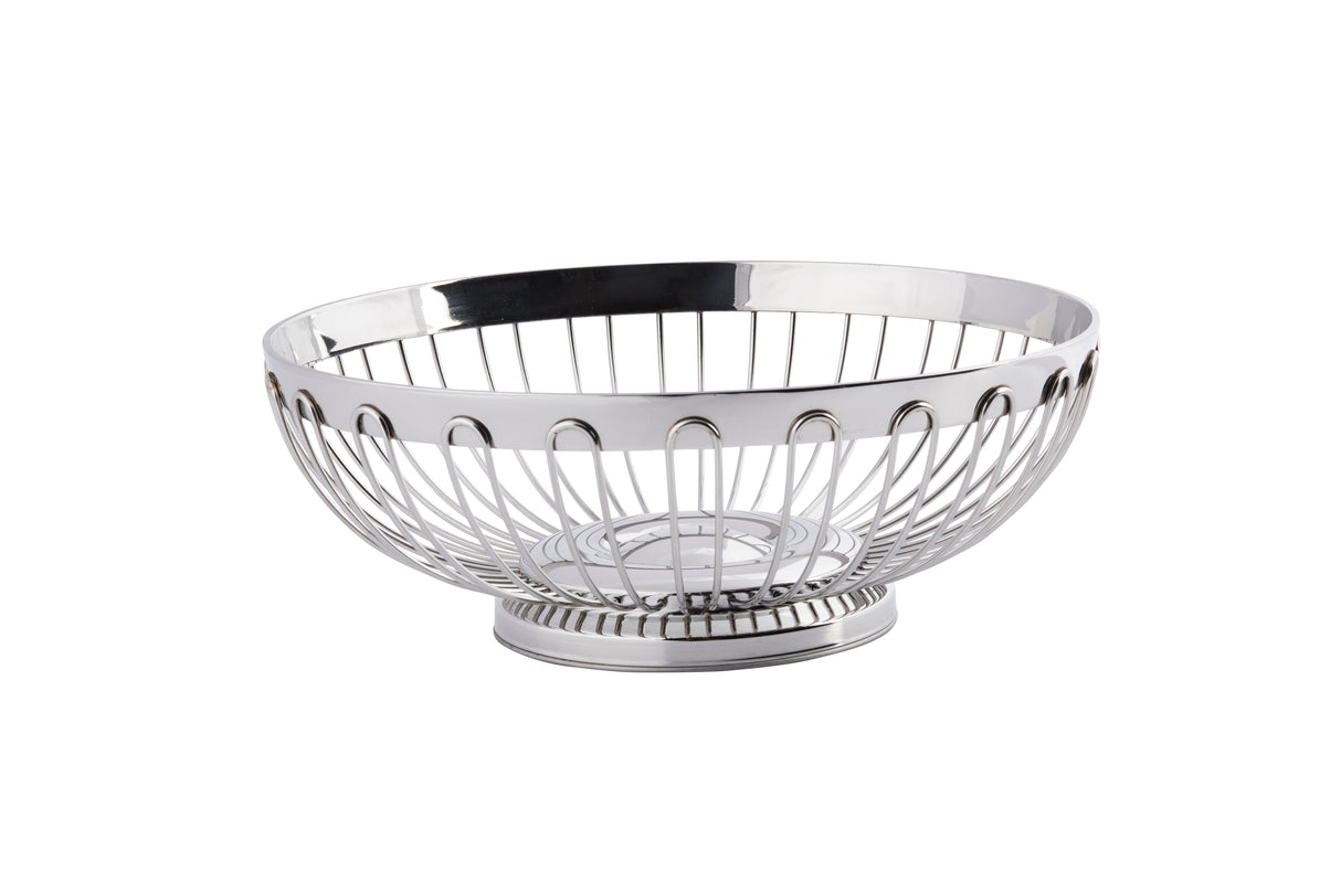 A shiny, round stainless steel Regent Basket by TableCraft Products, featuring an open design with a wide rim and small circular base. Curved metal wires create a simple, modern look, perfect for displaying fruit or decor.