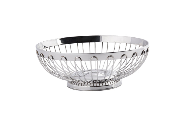 A shiny, round stainless steel Regent Basket by TableCraft Products, featuring an open design with a wide rim and small circular base. Curved metal wires create a simple, modern look, perfect for displaying fruit or decor.