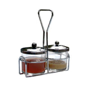 Town 19826 Condiment Server Set Includes: (2) 8 Oz. Glass Jars (2) Stainless Steel Jar Covers & Chrome Plated Rack