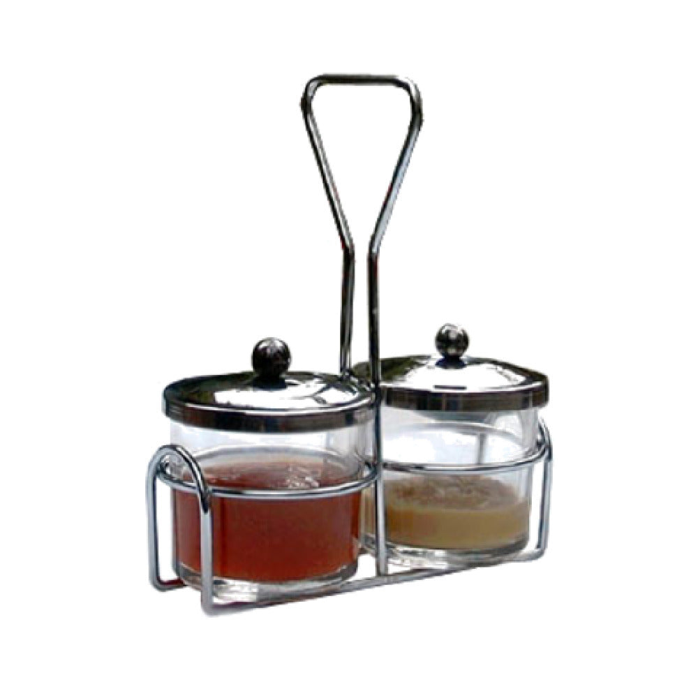 Town 19826/DZ Condiment Server Set Includes: (2) 8 Oz. Glass Jars (2) Stainless Steel Jar Covers & Chrome Plated Rack
