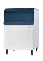 A sleek Ice Storage Bin with a stainless steel exterior and blue top lid stands on four black legs. The Hoshizaki brand is visible on the front, offering 460 lbs storage—ideal for restaurants or cafeterias with high demand.