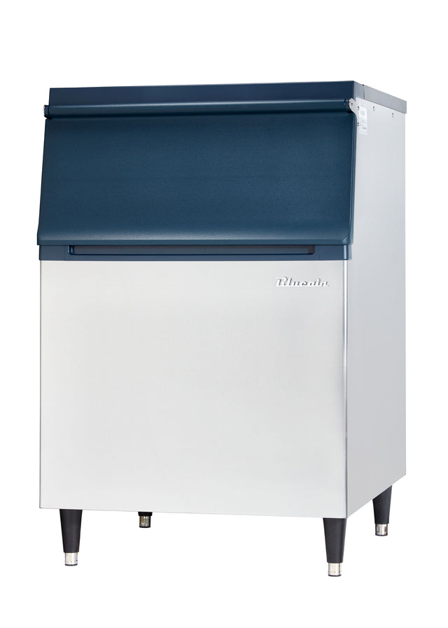 A sleek Ice Storage Bin with a stainless steel exterior and blue top lid stands on four black legs. The Hoshizaki brand is visible on the front, offering 460 lbs storage—ideal for restaurants or cafeterias with high demand.