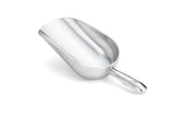 A shiny aluminum ice scoop with a deep, curved bowl and a sturdy handle rests on a white background. This 24 oz. scoop is commonly used for serving bulk dry goods such as flour, sugar, or ice.