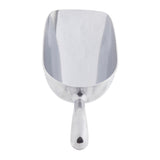 A shiny aluminum Ice Scoop with a deep, rounded rectangular bowl and a short, thick handle is shown facing forward on a white background. This sturdy 24 oz. utensil is ideal for scooping ingredients like flour, sugar, or ice.