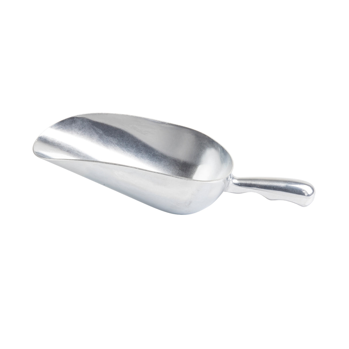 A shiny aluminum Ice Scoop with a curved, deep 24 oz. bowl and a short, sturdy handle. The scoop is positioned at an angle on a white background, showing its reflective, smooth surface and ergonomic handle design.