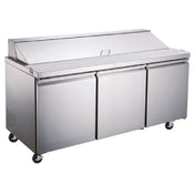 Omcan 50048 (PT-CN-1778-HC) Refrigerated Prep Table Three-section Rear Mount Self-contained Refrigeration