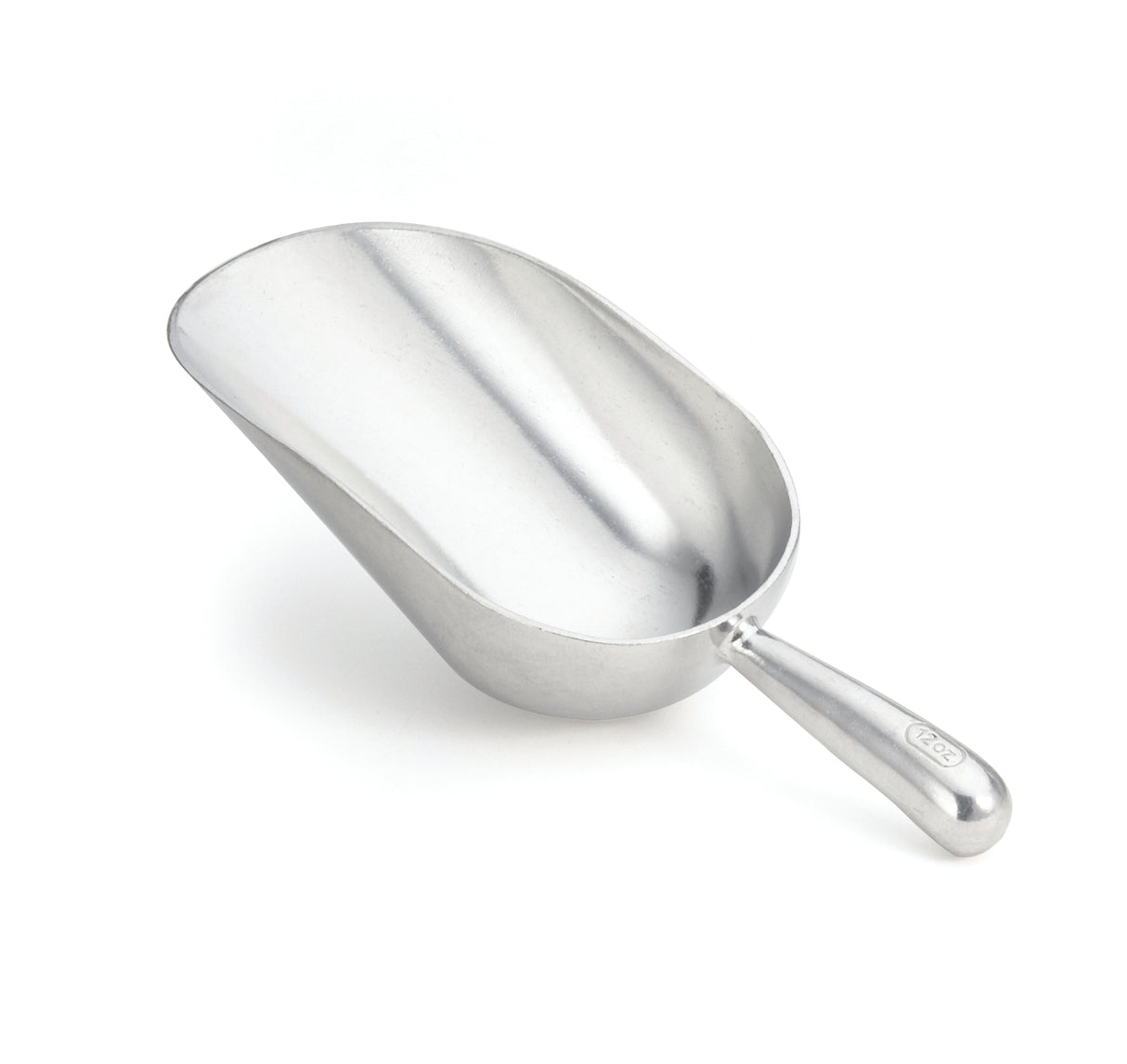 A metal aluminum ice scoop with a deep, oval-shaped bowl and a short, rounded handle is shown on a white background. Its handle features an embossed “1 cup” marking. The scoop has a smooth, shiny surface and a slightly tapered spout.