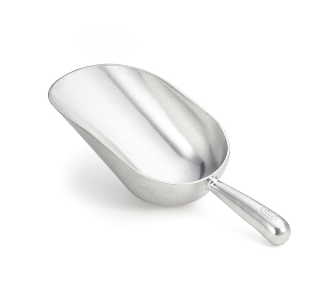 A metal aluminum ice scoop with a deep, oval-shaped bowl and a short, rounded handle is shown on a white background. Its handle features an embossed “1 cup” marking. The scoop has a smooth, shiny surface and a slightly tapered spout.