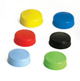 Six plastic bottle caps, including some suitable for 63mm squeeze bottles and Invertatop End Cap designs, are arranged in two rows on a white background. The caps—yellow, blue, red, light blue, green, and black—are round and ribbed on the side.
