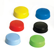 Six plastic bottle caps, including some suitable for 63mm squeeze bottles and Invertatop End Cap designs, are arranged in two rows on a white background. The caps—yellow, blue, red, light blue, green, and black—are round and ribbed on the side.