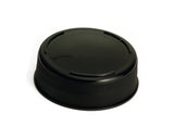 A close-up photo of an NSF-certified Invertatop End Cap for 63mm squeeze bottles, featuring a black, round plastic design with a textured grip, three raised rectangular notches on the edge, and a smooth, slightly domed surface.