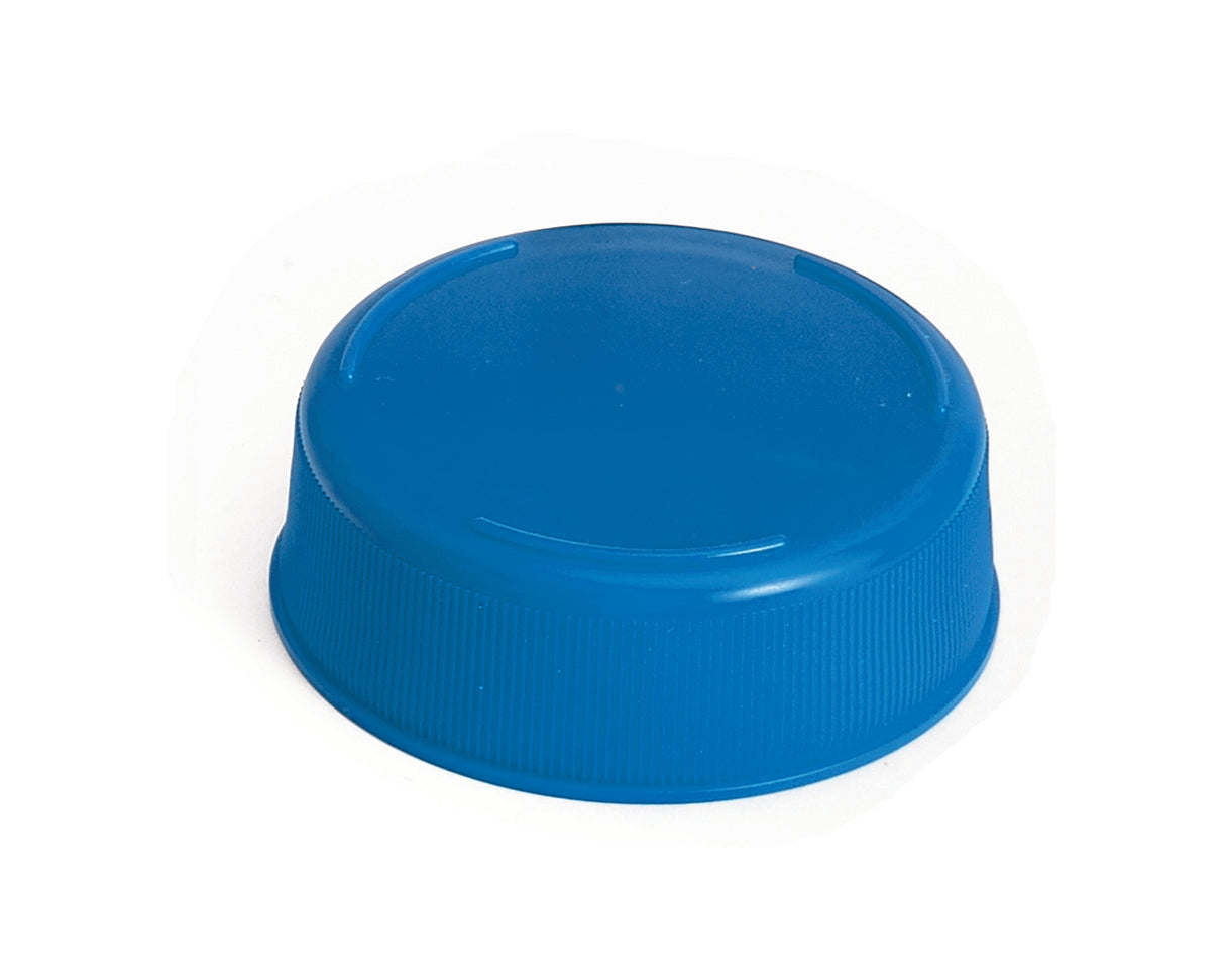 A close-up of a blue plastic Invertatop End Cap with a smooth domed top and ridged sides, designed for 63mm squeeze bottles. The NSF-certified cap is circular and unbranded, appearing clean and unused on a plain white background.