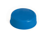 A close-up of a blue plastic Invertatop End Cap with a smooth domed top and ridged sides, designed for 63mm squeeze bottles. The NSF-certified cap is circular and unbranded, appearing clean and unused on a plain white background.