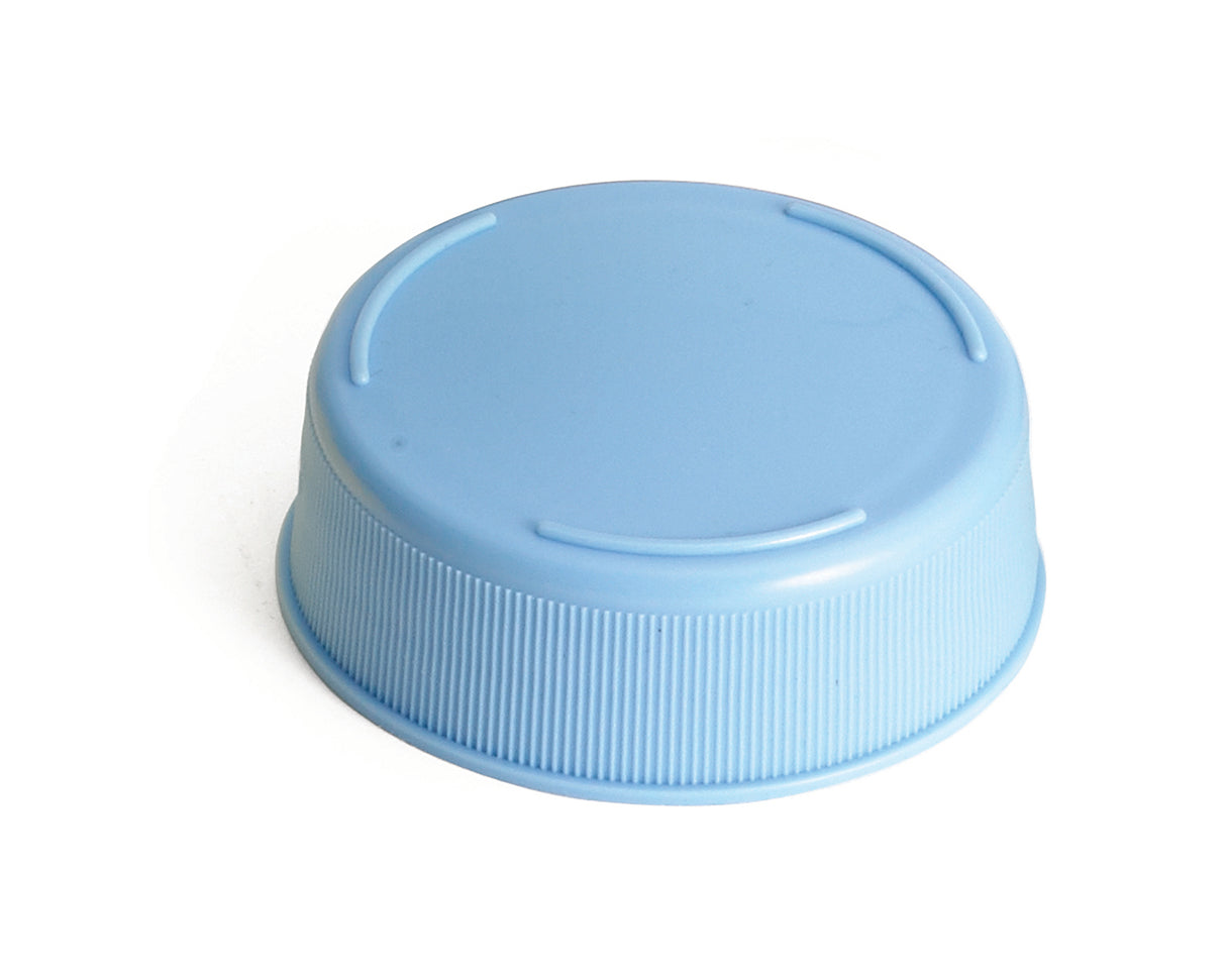 A light blue Invertatop End Cap lies upside down on a white background. The cap, designed for 63mm squeeze bottles, features fine vertical grooves around its sides and three short raised ridges on the top surface in a partial circular design.