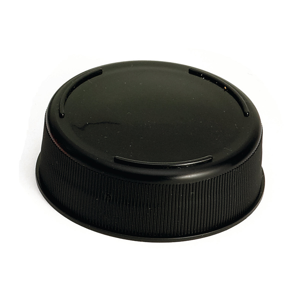 A black Invertatop Squeeze Bottle End Cap for a 63mm squeeze bottle, featuring a smooth, slightly domed top and ribbed sides for grip. Three short, raised notches are on the NSF-certified cap’s upper surface, shown against a white background.