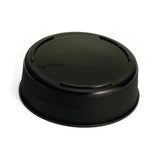 A black Invertatop Squeeze Bottle End Cap for a 63mm squeeze bottle, featuring a smooth, slightly domed top and ribbed sides for grip. Three short, raised notches are on the NSF-certified cap’s upper surface, shown against a white background.