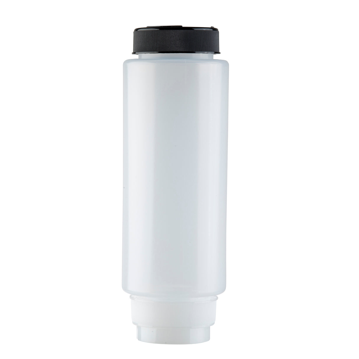 A tall, cylindrical 63mm squeeze bottle made from translucent plastic, featuring a black Invertatop Squeeze Bottle End Cap. The plain bottle has no labels or markings and stands upright against a white background. NSF compliant design.