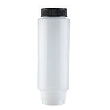 A tall, cylindrical 63mm squeeze bottle made from translucent plastic, featuring a black Invertatop Squeeze Bottle End Cap. The plain bottle has no labels or markings and stands upright against a white background. NSF compliant design.