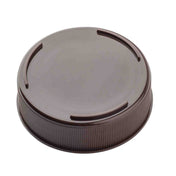 A brown, round plastic squeeze bottle end cap with a smooth, flat top and three raised, curved ridges. The ribbed edge offers secure grip. Photographed against a plain white background, this lid fits most 63mm squeeze bottles.