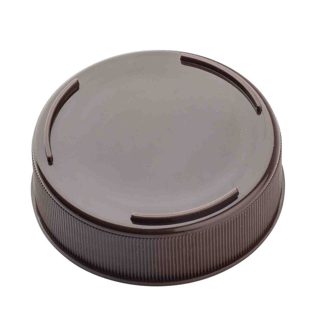 A brown, round plastic squeeze bottle end cap with a smooth, flat top and three raised, curved ridges. The ribbed edge offers secure grip. Photographed against a plain white background, this lid fits most 63mm squeeze bottles.
